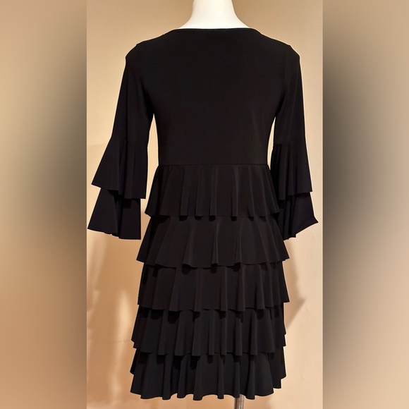 ISLE TIERED RUFFLE MIDI BLACK DRESS & SLEEVES BOAT NECK SZ S MADE IN TURKEY - Picture 3 of 12